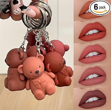 Lip Tint, Bear Key Chain Long Lasting Creamy Texture Matte Lipstick For Makeup 6pcs Multicolour